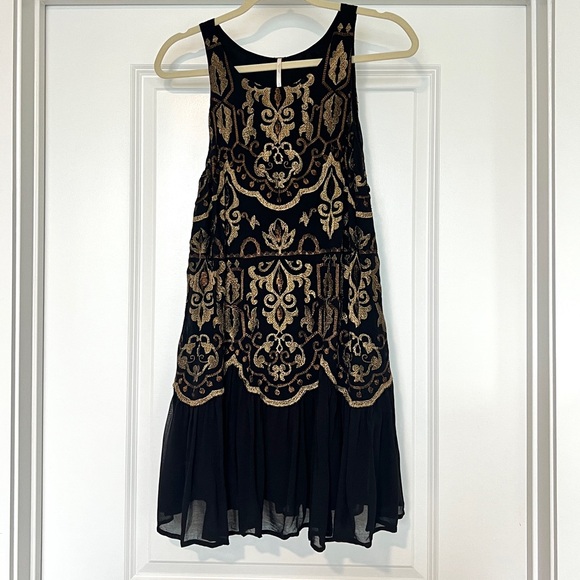 Free People Dresses & Skirts - Free People Black Gold Embroidered Drop Waist Little Secrets Mini Dress Small